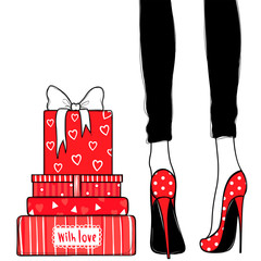 Wall Mural - Vector greeting card for holidays design. Fashion illustration with cute girl in high heels, gift boxes and presents.Best design for Valentines day,Happy Birthday. Stylish poster.Female legs in shoes.