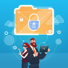 Poster - Business Woman And Man Wear Digital Virtual Reality Glasses Document Lock Data Protection Concept Flat Vector Illustration