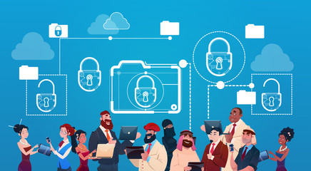 Poster - business woman and man using gadgets lock data protection concept flat vector illustration