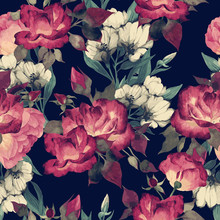 Seamless Floral Pattern With Roses, Watercolor. Vector Illustration.
