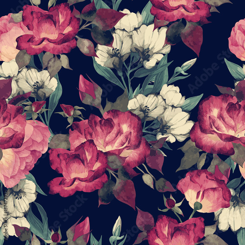 Seamless floral pattern with roses, watercolor. Vector illustration.