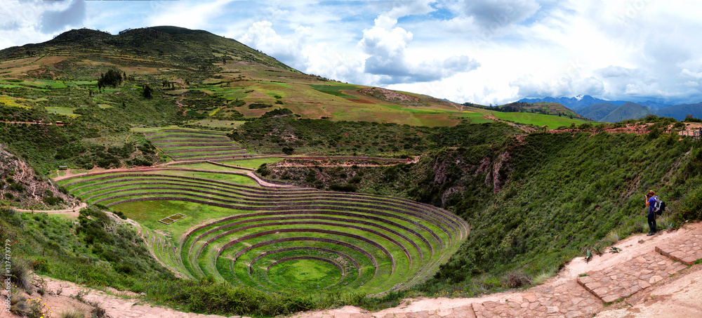 Incans farming laboratory in Moras Moray, Cusco, Peru, emulating Andes various conditions - obrazy, fototapety, plakaty 