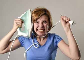 stressed housewife or maid domestic service woman holding upset iron strangling neck with cable