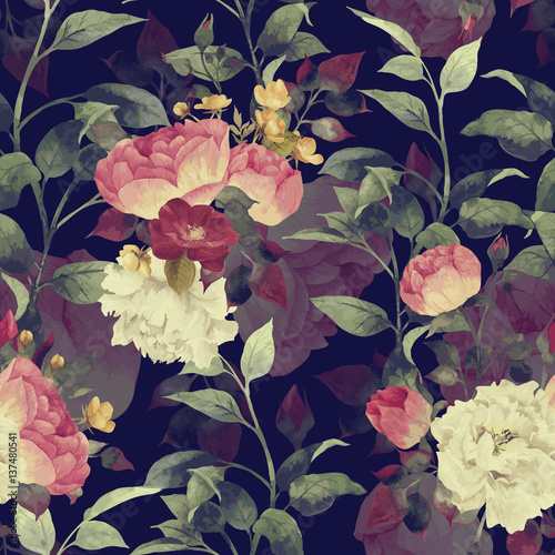 Fototapeta na wymiar Seamless floral pattern with roses, watercolor. Vector.

