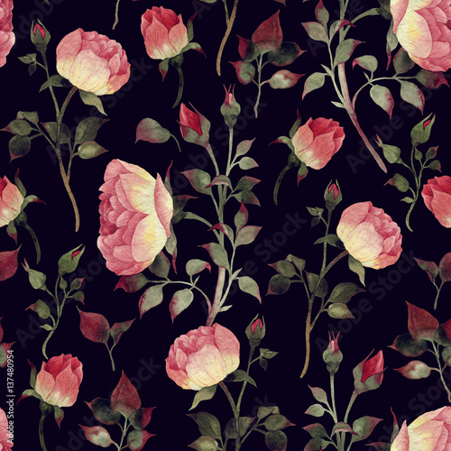 Fototapeta na wymiar Seamless floral pattern with roses, watercolor.
