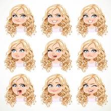 Beautiful Cartoon Blonde Girl With Magnificent Curly Hair Portrait Of Different Emotional States Isolated On White Background
