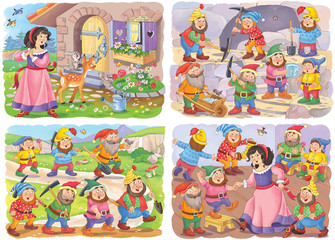 Wall Mural - Snow White and the seven dwarfs. Fairy tale. Educational book. Illustration for children