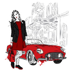 Wall Mural - Fashionably dressed girl on the background of a city street and car. Vector illustration for greeting card, poster, or print on clothes. Fashion & Style. Beautiful girl.