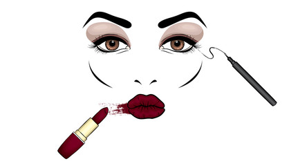 Beautiful woman's face with makeup. Eyes and lips. Cosmetics. Vector illustration for a card or poster. Print on clothes. Advertising.