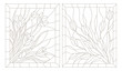Set contour illustrations in the stained glass style, tulips and crocuses, dark outline on a white background