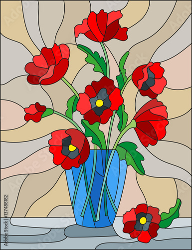 Obraz w ramie Illustration in stained glass style with bouquets of red poppies flowers in a blue vase on table on beige background