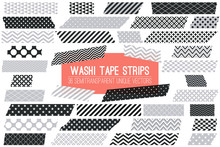 Grey, Black And White Washi Tape Strips With Torn Edges And Different Patterns. 36 Unique Semitransparent Vectors. Photo Sticker, Print / Web Layout Element, Clip Art, Scrapbook Embellishment