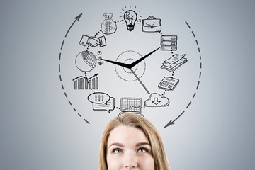 Wall Mural - Close up of woman head and business clock