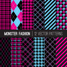 Nineties Grunge Fashion Patterns In Neon Pink, Blue And Black. Preppy Monster Dolls Backgrounds. Fluorescent Colors Houndstooth Tweed, Tartan Plaid, Stripes And Argyle. Pattern Tile Swatches Included.