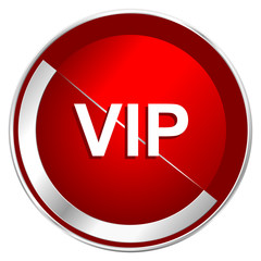 Poster - Vip red web icon. Metal shine silver chrome border round button isolated on white background. Circle modern design abstract sign for smartphone applications.