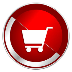 Poster - Shopping cart red web icon. Metal shine silver chrome border round button isolated on white background. Circle modern design abstract sign for smartphone applications.