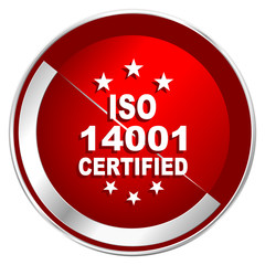 Aufkleber - Iso 14001 red web icon. Metal shine silver chrome border round button isolated on white background. Circle modern design abstract sign for smartphone applications.