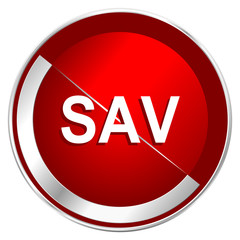Poster - Sav red web icon. Metal shine silver chrome border round button isolated on white background. Circle modern design abstract sign for smartphone applications.