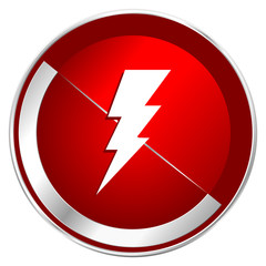 Poster - Bolt red web icon. Metal shine silver chrome border round button isolated on white background. Circle modern design abstract sign for smartphone applications.