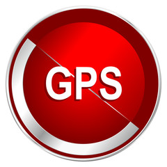 Poster - Gps red web icon. Metal shine silver chrome border round button isolated on white background. Circle modern design abstract sign for smartphone applications.
