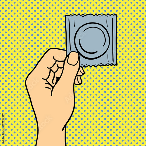 Fotografía Pop art hand with condom vector illustration.