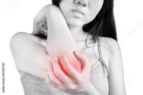 Fotografia, Obraz Acute pain in a woman elbow isolated on white background