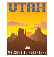 Wall Mural - Utah travel poster or sticker. vector illustration of monument valley at sunset.