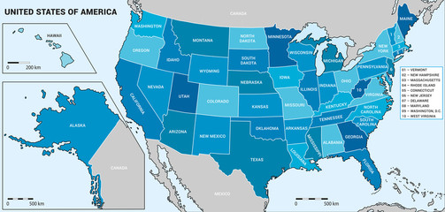 USA map with federal states including Alaska and Hawaii. United States vector map with map scale ready for your infographics. Easy editable modern US map with data in layers.