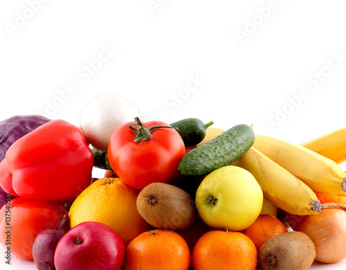 Nowoczesny obraz na płótnie фрукты и овощи много лежат на столе и есть место для надписи
