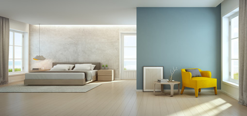 Wall Mural - Sea view bedroom and living room in luxury beach house, Modern interior of vacation home - 3D rendering