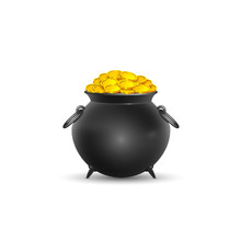 Vector Illustration. Pot Full Of Gold Coins On St. Patrick's Day On A White Background.