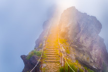 Mountain Trail At Pico Do Arieiro To Pico Ruivo, Above The Clouds On A Sunny Bright, Madeira Island, Portugal