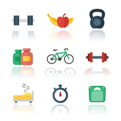 Poster - Fitness, gym flat icons over white, vector illustration