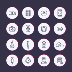 Wall Mural - medicine line icons set, healthcare, pharmaceutics, drugs, first aid kit, ambulance, therapy, thermometer, syringe