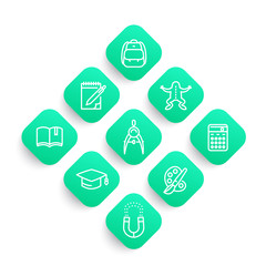 Poster - school line icons set, college, graduation, physics, biology, geometry, reading, arts, education, study, vector illustration