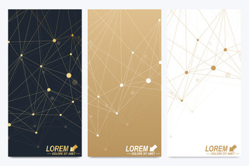 Aufkleber - Modern set of vector flyers. Geometric abstract presentation. Molecule and communication background for medicine, science, technology, chemistry. Golden cybernetic dots. Lines plexus. Card surface.