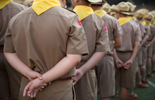 Asian Boy Scouts Holding Hands To Rest Of Line Regulation. Close-up Of Hands, Asian Boy Scouts Concept.