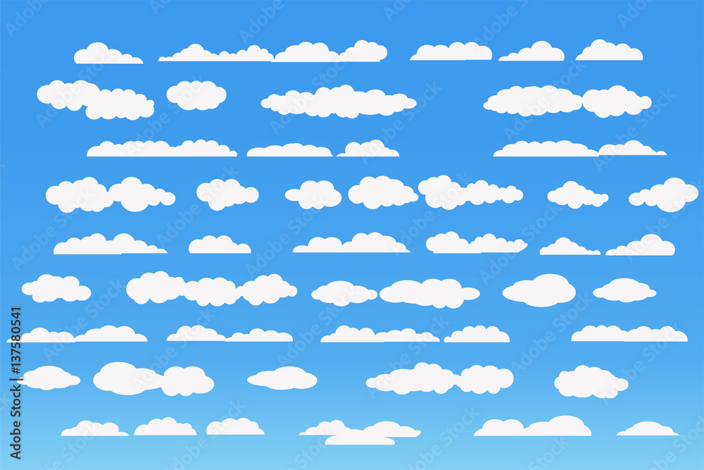 Cloud vector icon set white color on blue background. Sky flat ...