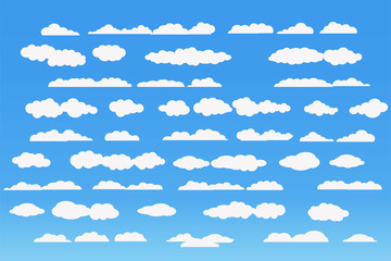 Cloud vector icon set white color on blue background. Sky flat illustration collection for web, art and app design. Different cloudscape weather symbols