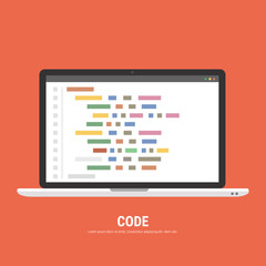 Poster - Programming, web development concept. Code on the screen laptop. Flat vector illustration.