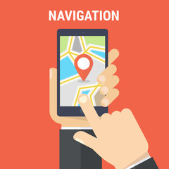 Poster - Hand holding smartphone and touching screen with mobile map gps navigation. Finding the way concept. Flat vector illustration.