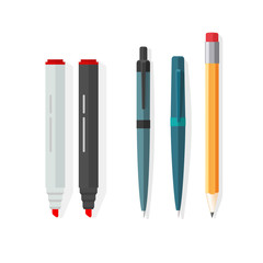 pens, pencils, markers vector set isolated on white background, ballpoint pens, lead orange dot biro