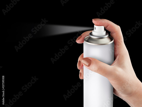 Láminas White spray can isolated on black background on woman hand, Aerosol Spray Can, M