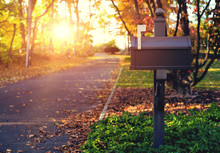 Mail Box In The Autumn Village. Sunset