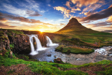  The picturesque sunset over landscapes and waterfalls. Kirkjufel