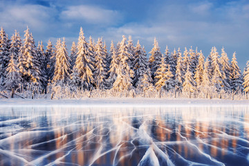 Wall Mural - Blue ice and cracks on the surface of the .