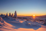 Fototapeta Na ścianę - Mysterious winter landscape majestic mountains in  sunset.