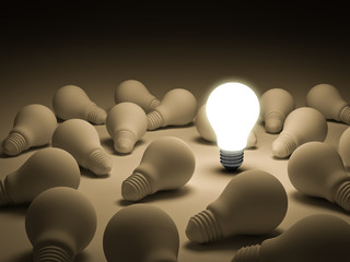 Aufkleber - One glowing light bulb standing out from the unlit incandescent lightbulbs on white background individuality and different creative idea concepts 3D rendering