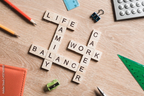 Fotografía Words work life balance and family on table collected with wooden cubes