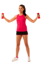 Active young woman workout with dumbbells in fitness gym isolated over white background